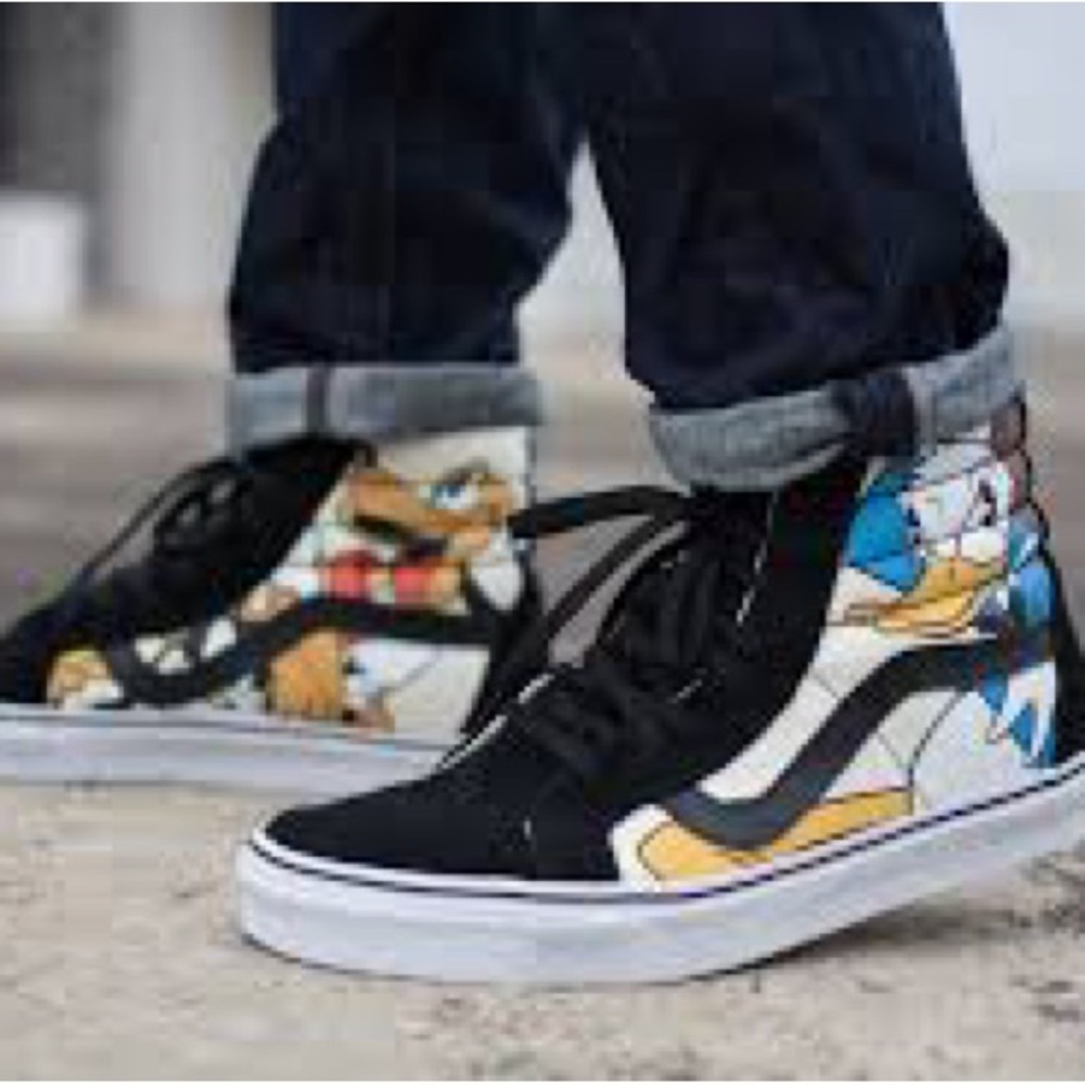 Black and White High-Top Sneakers with Cartoon Design
